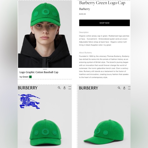 BURBERRY 2024 IVY COLOR “GREEN” RUBBERIZED LOGO PATCHES BASEBALL CAP, NWOT - Picture 7 of 16